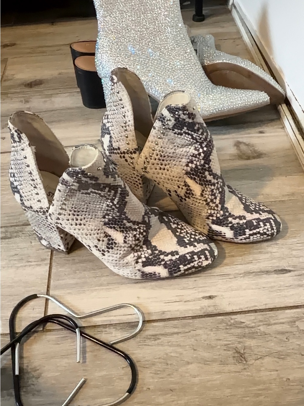 Steve Madden Snake-Print Pointed Ankle Booties in Cream and Brown